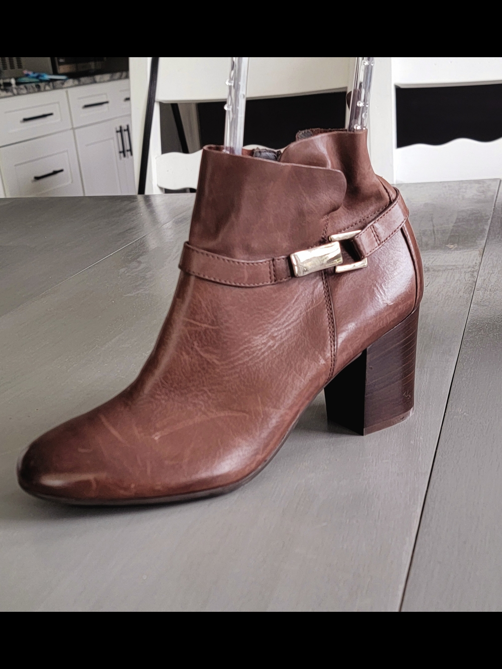Paul Green Brown Leather Buckle Ankle Booties Block Heel Size 9.5 UK 7